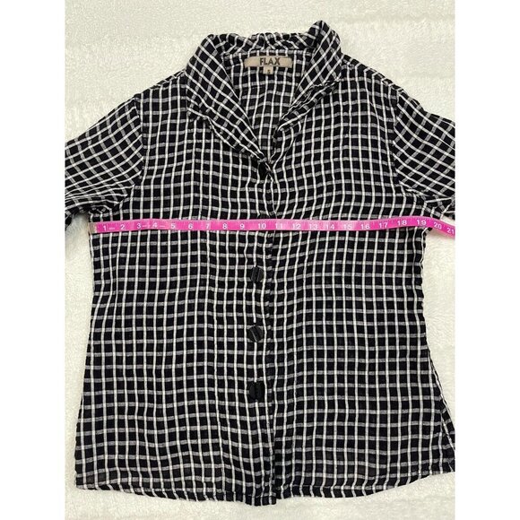 Flax Linen Long Sleeve Button Down Shirt Womens Small Plaid Black White - Picture 6 of 8
